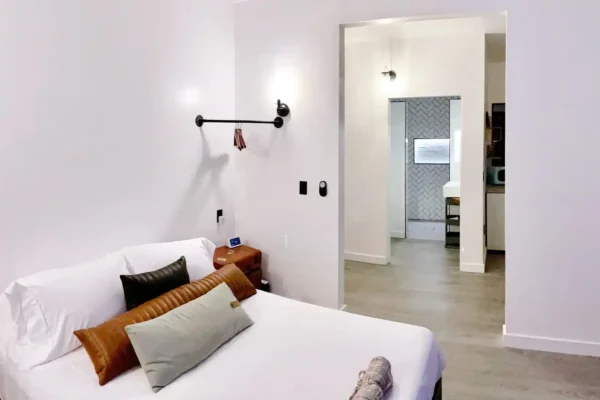 The bright walls and high ceilings make everything feel open.